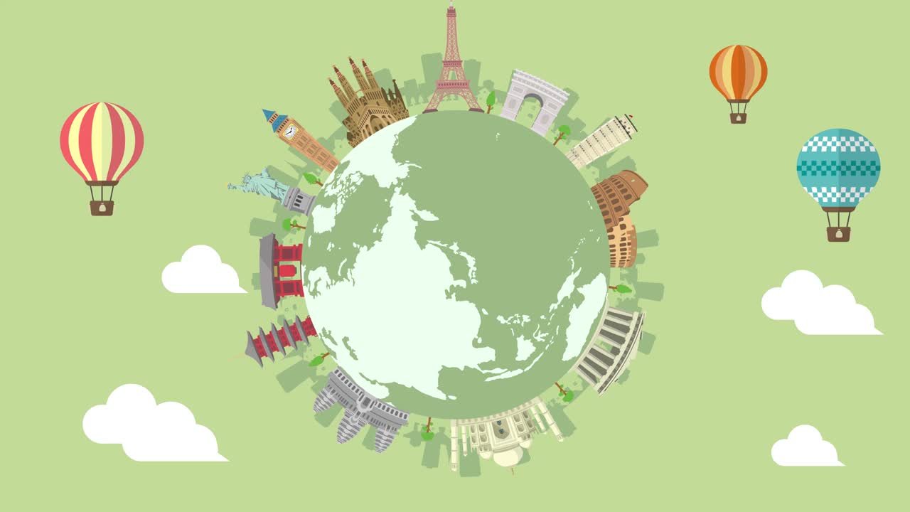 여행, 휴가, 관광 애니메이션 배너 (4k) 세계 유산 및 세계적으로 유명한 건물. 텍스트 버전이 없습니다.