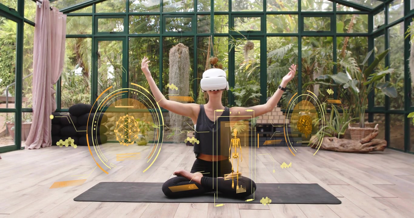 Woman wearing VR headset on yoga mat raising arms activating skeleton and molecules for fitness
