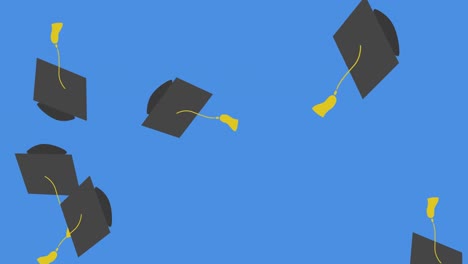 Animation-of-graduation-college-university-hats-falling-on-blue-background