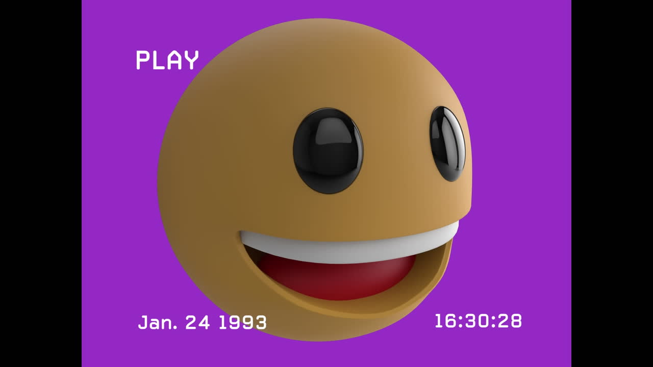 Animation of happy emoji over play screen on purple and white background