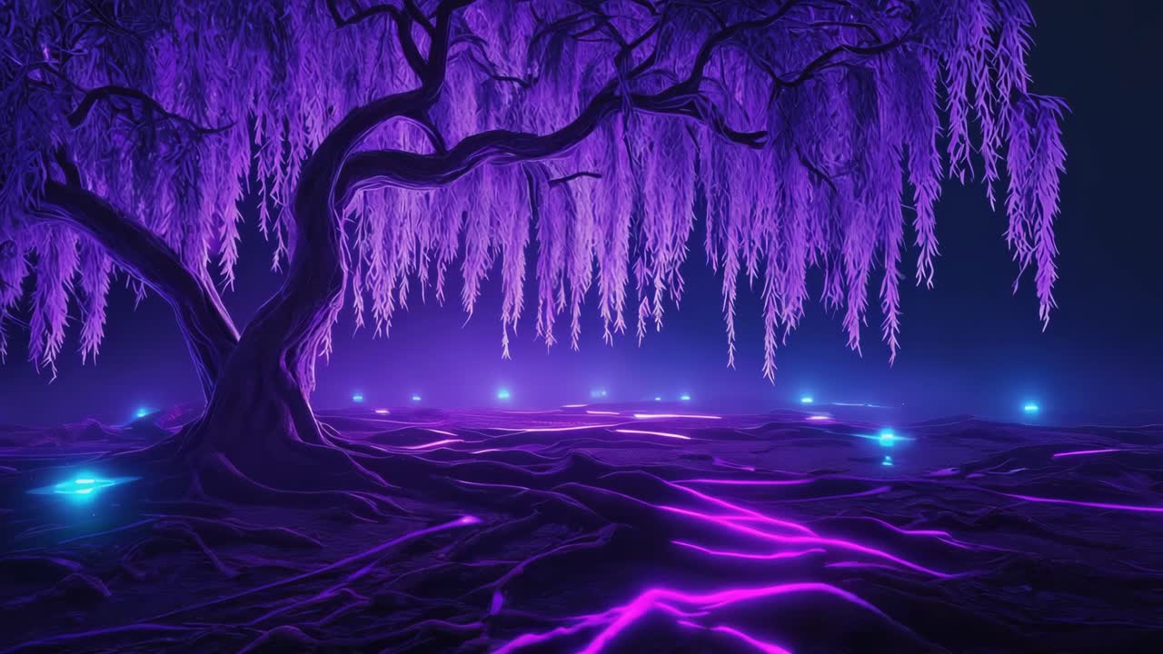 Mystical Purple Tree and Neon Landscape