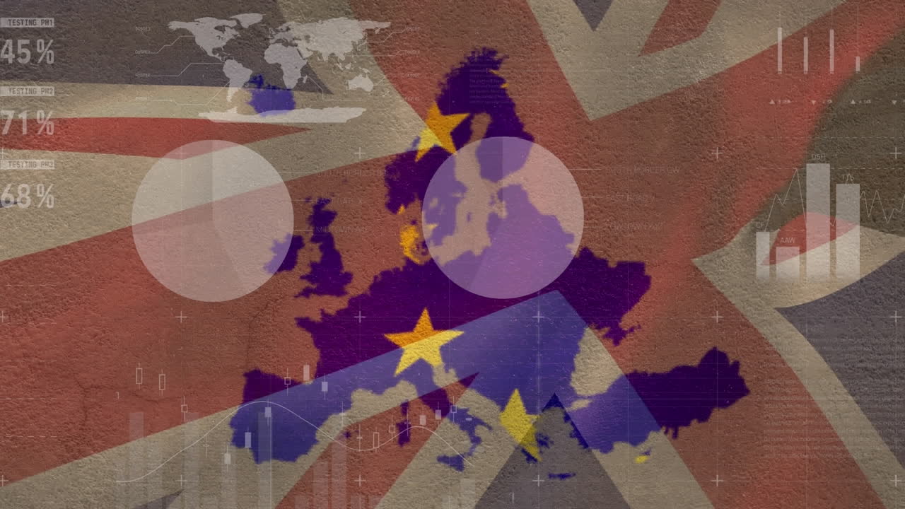 Animation of data processing over eu and uk flags