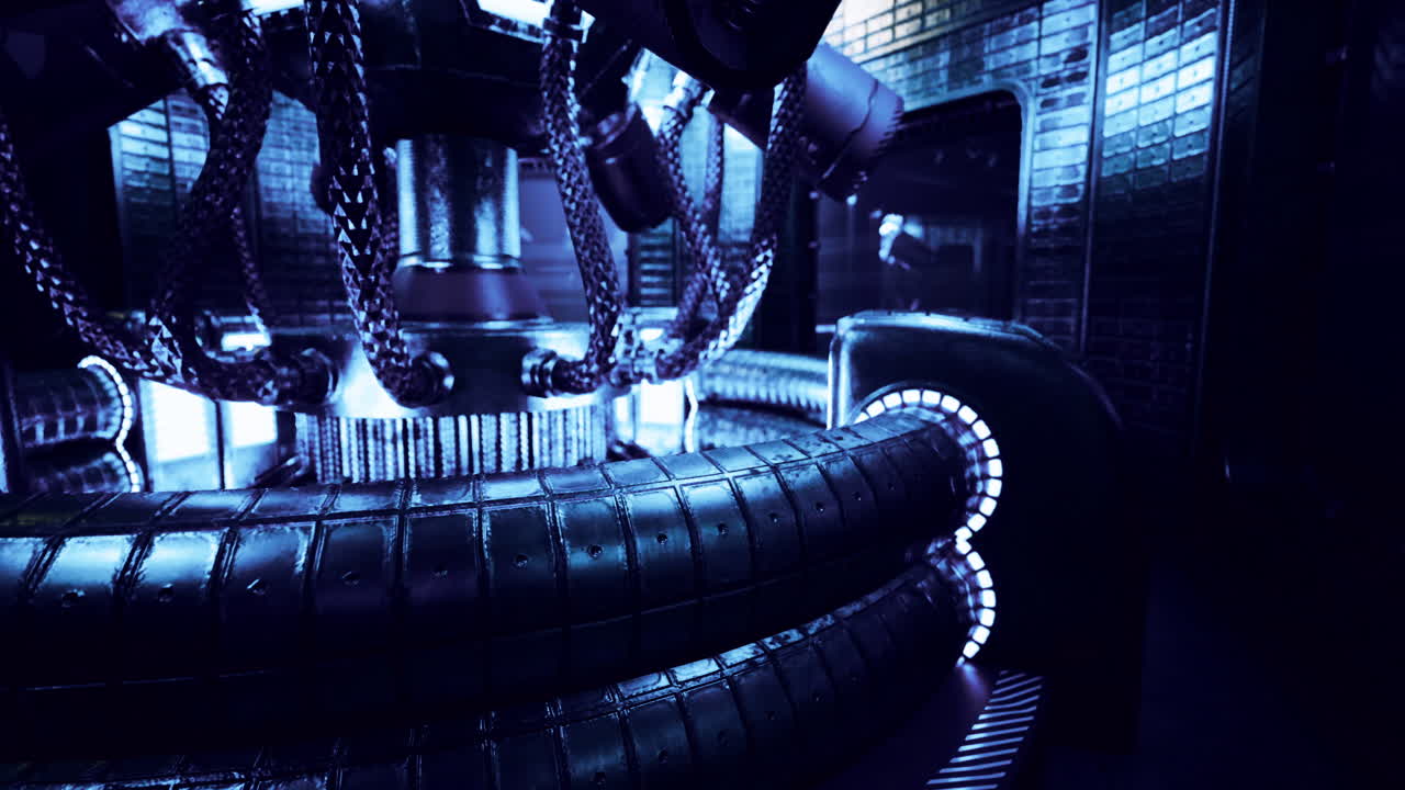 Futuristic mechanical chamber with intricate chains and glowing elements