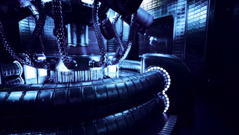 futuristic mechanical chamber with intricate chains and glowing elements