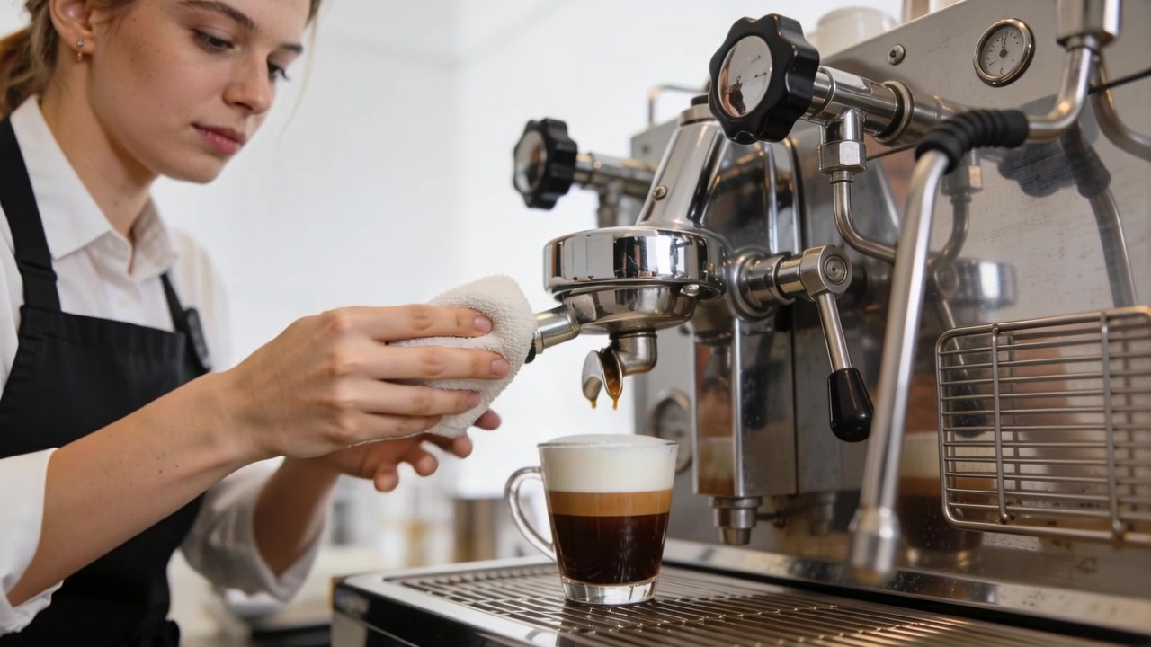Preparazione di un espresso, barista in camicia bianca e grembiule nero che pulisce il portafiltro accanto a una tazza di vetro, spazio per il testo.