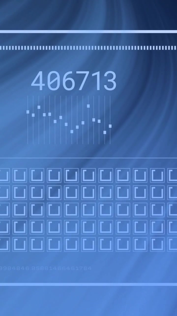 Data processing animation over blue abstract background with numbers and charts