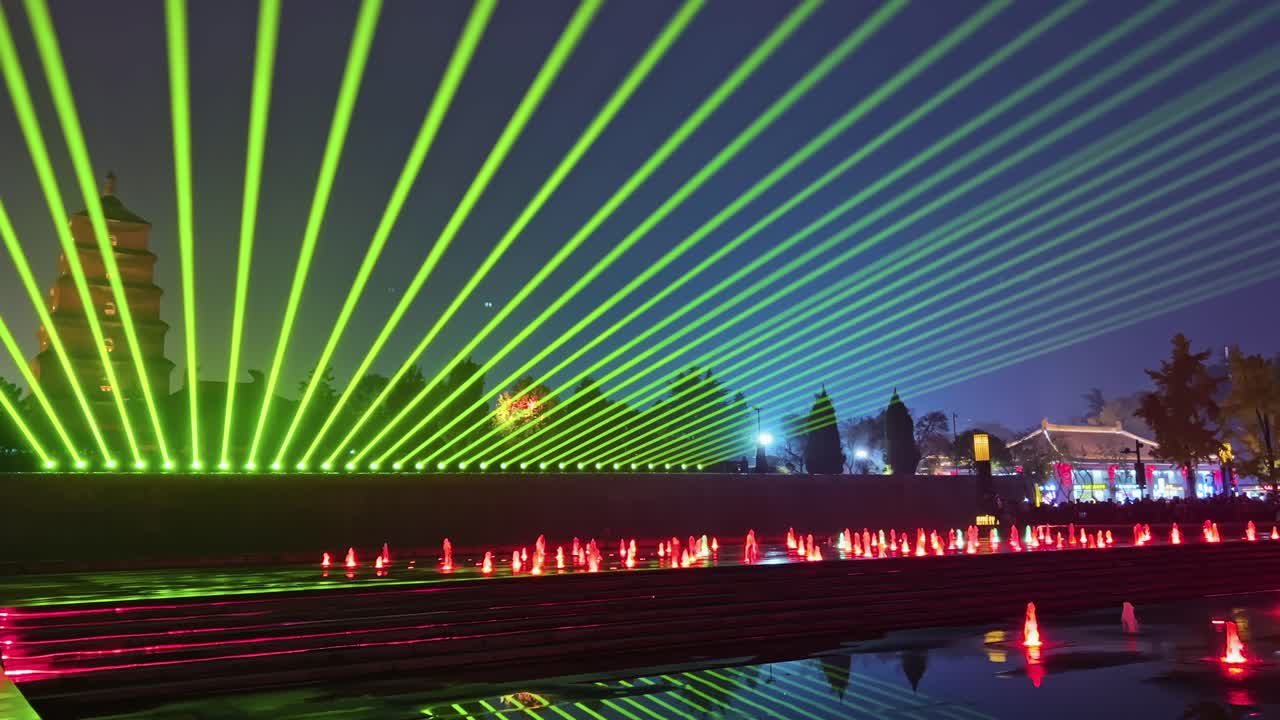 Musical Fountain, Giant Wild Goose Pagoda, Xi'an, China - Colorful Lights and Water Jets Synchronize to Music in Vibrant Nighttime Displays - Static Shot