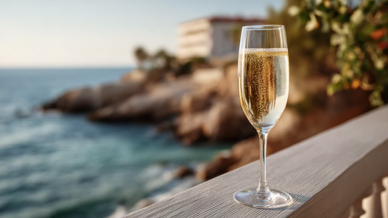 Brindisi con calice di champagne su un balcone vista mare, affacciato sul sereno mare blu e le scogliere in lontananza, per immortalare un momento di relax e festeggiamento nella natura