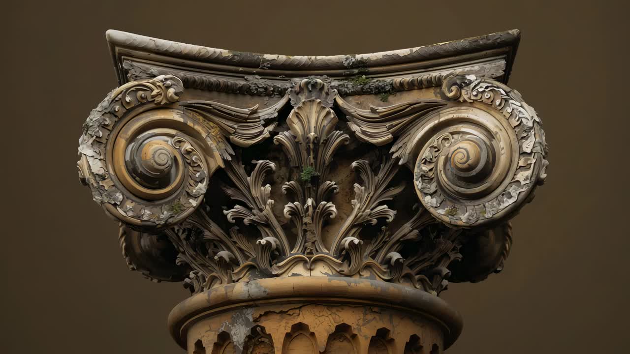 Pushing camera in tilting down revealing ornate capital on brown backdrop, showing volutes acanthus
