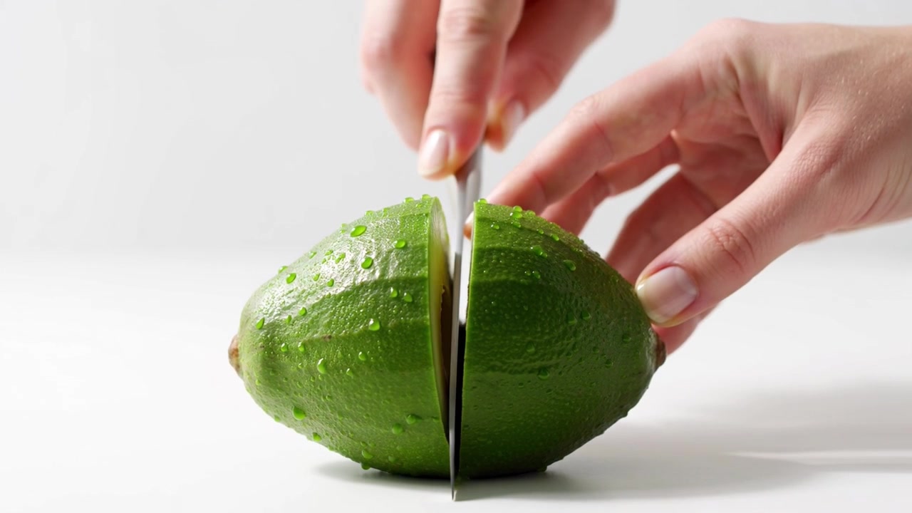 Persona che taglia a metà un avocado fresco e verde con un coltello