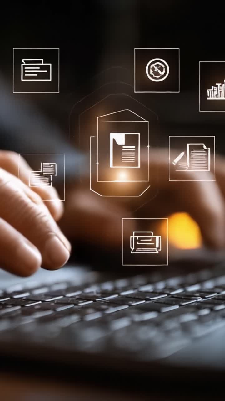Exploring Digital Interfaces: A Close-Up Look at Hands Typing on a Keyboard Surrounded by Various Graphical File Icons Representing Data Management in the Digital Realm