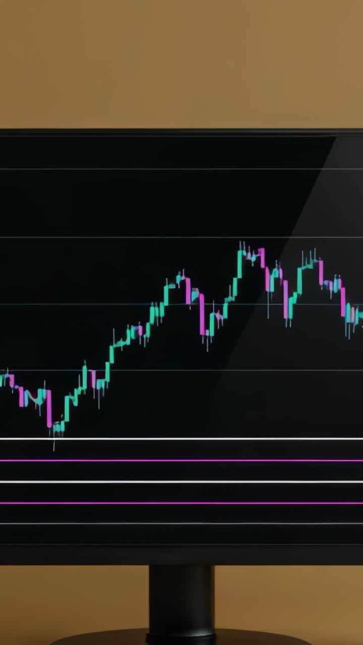 Vertical video: Loading chart on monitor in office with support lines appearing dipping then rising