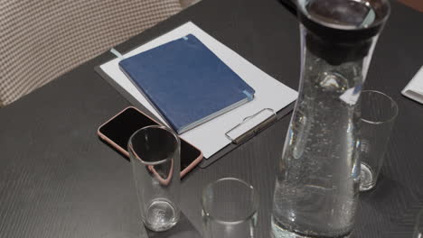 conference table setup with water and office supplies