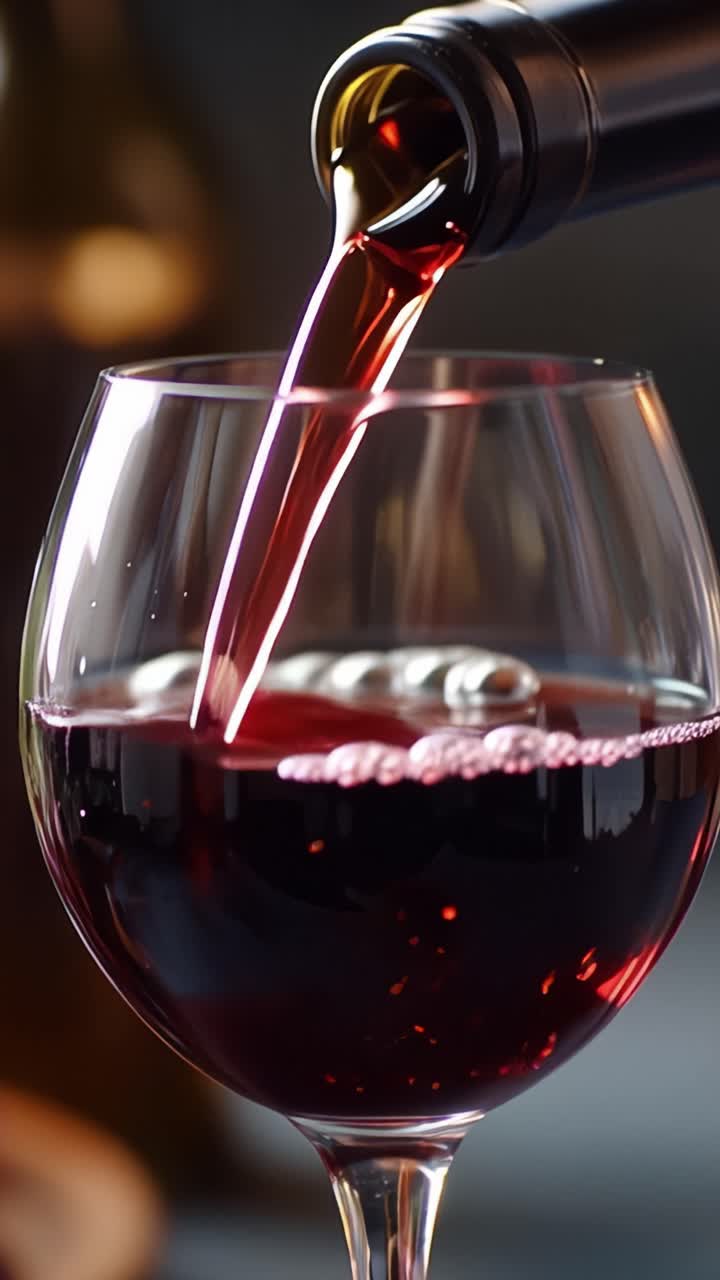 Vertendo um vinho tinto encorpado em uma taça, exibindo sua cor vibrante e bolhas elegantes, ilustrando a arte de apreciar vinho e a sofisticação culinária.