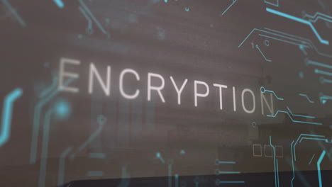 Displaying glowing ENCRYPTION text across center, floating binary digits above rooftop silhouette