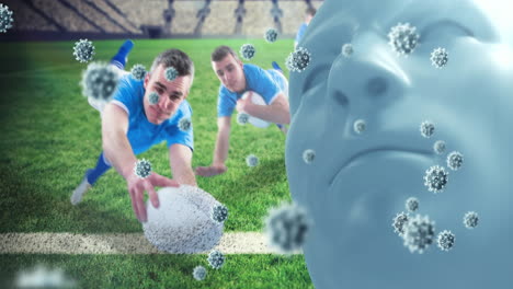 animación de la caída de las células covid-19 sobre los jugadores de fútbol americano