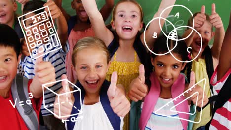 Multiple-mathematics-concept-icons-against-diverse-students-showing-thumbs-up-at-elementary-school