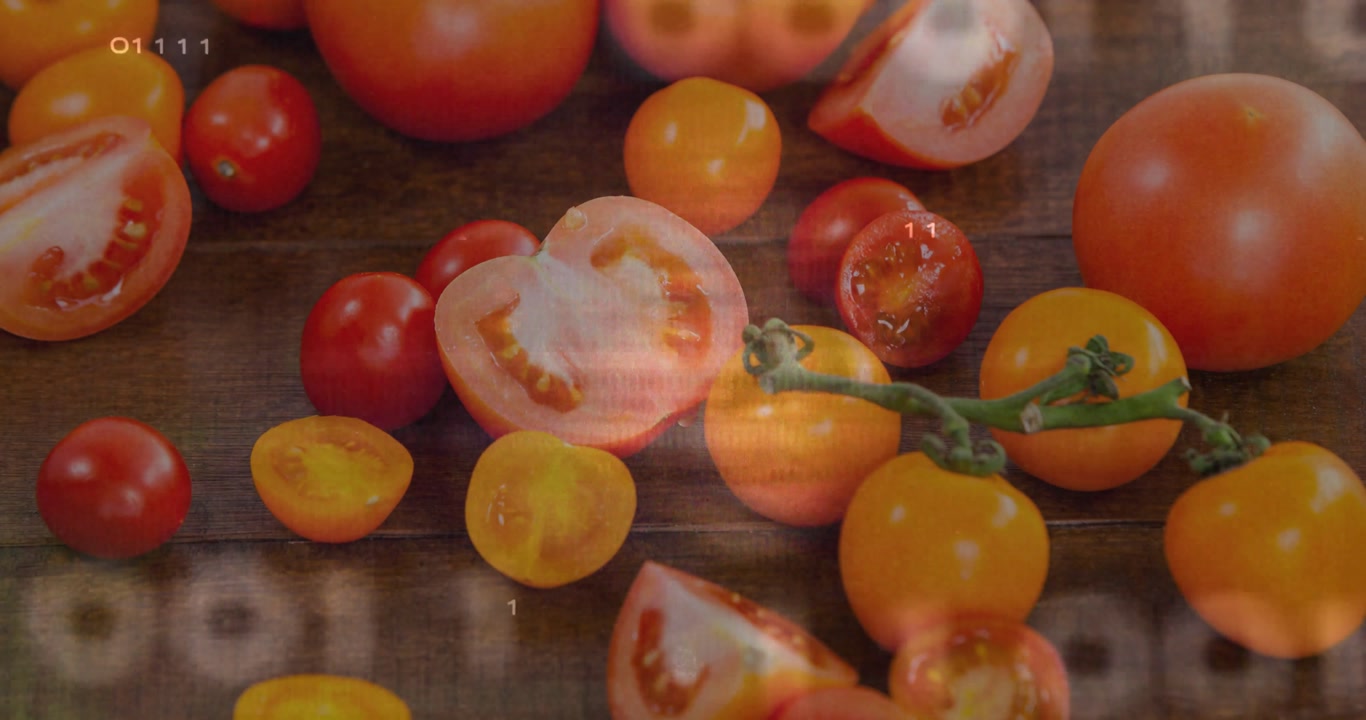 Overlay appearing over still tomatoes flickering digits and green waveforms pulsing creating glitch