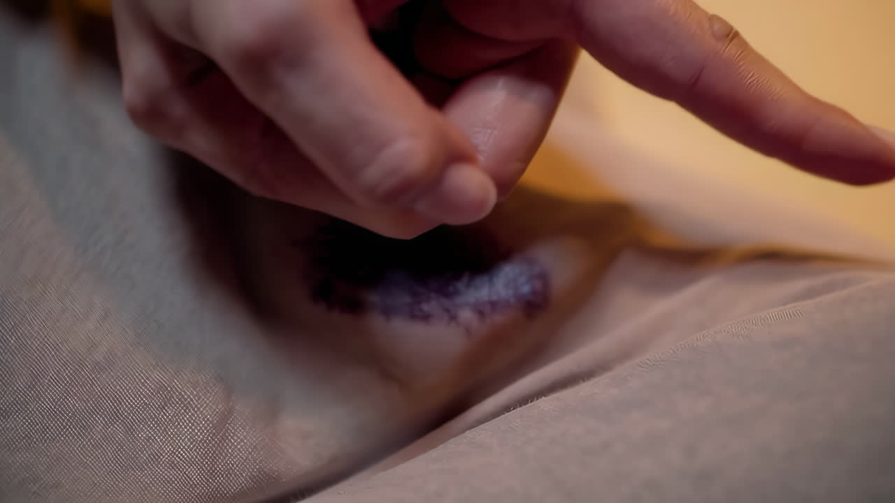Woman's hand touching a fabric with a stain