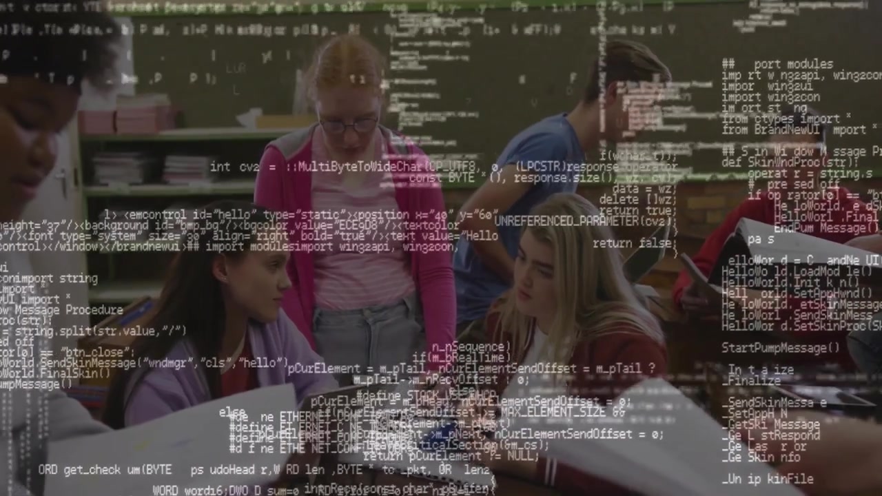 Scrolling code overlay appearing, partly obscuring students collaborating on schoolwork with tablet
