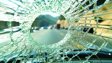 broken windshield view on busy highway. a cracked windshield offers a distorted view of traffic on a busy highway during daytime travel.