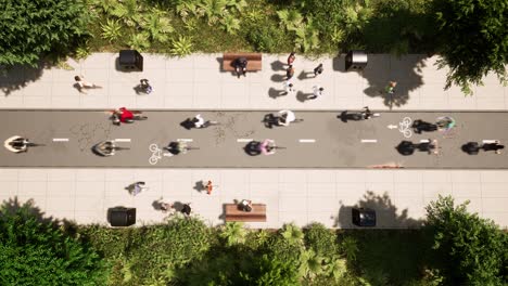 bicycles with bicyclists moving on a bicycle road inside a forest with pedestrians walking and talking at the side, top view 3d animation