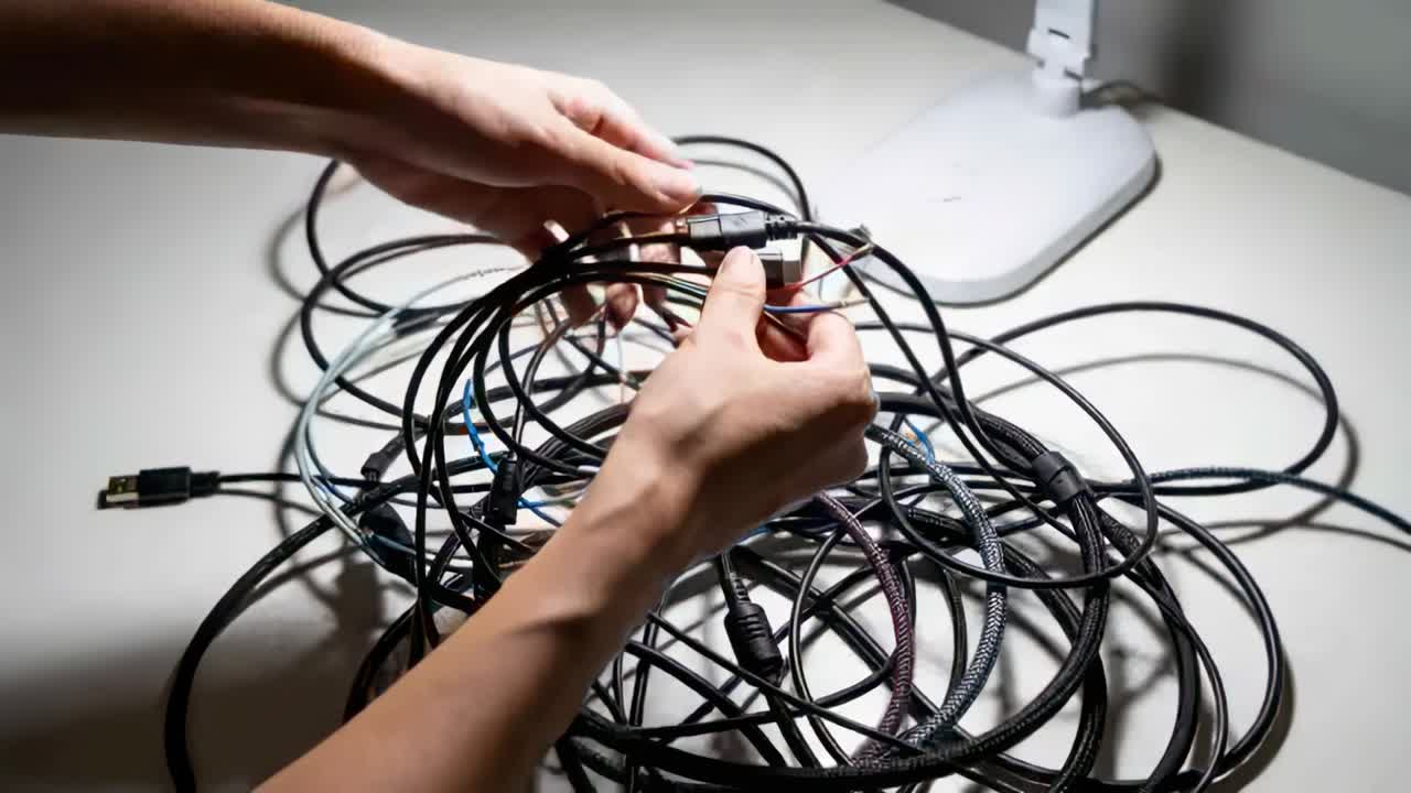 Reaching cable ends, hands isolating sleeve while organizing USB and DC cables under LED lamp