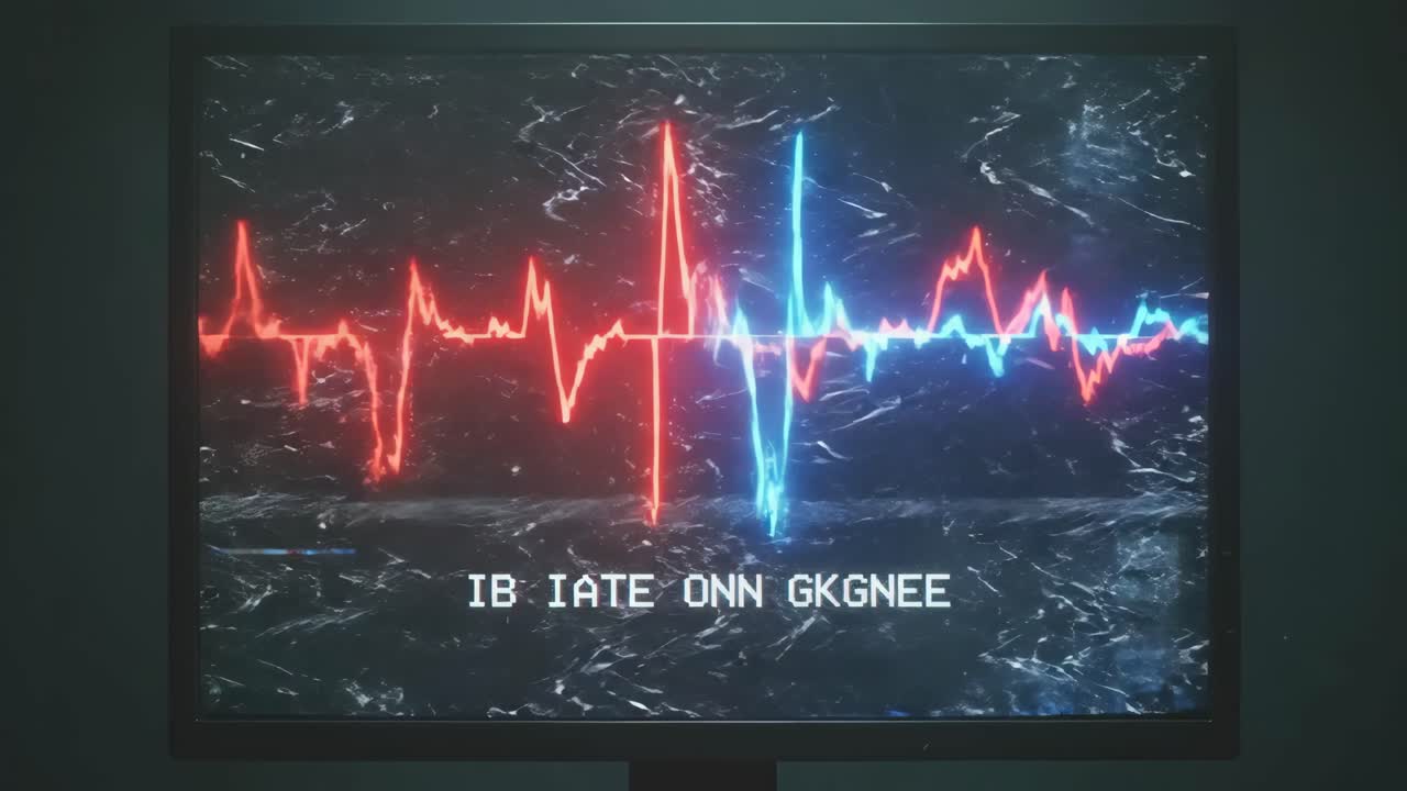 Retro obrazovka monitoru s blikající červenou a modrou vlnovkou