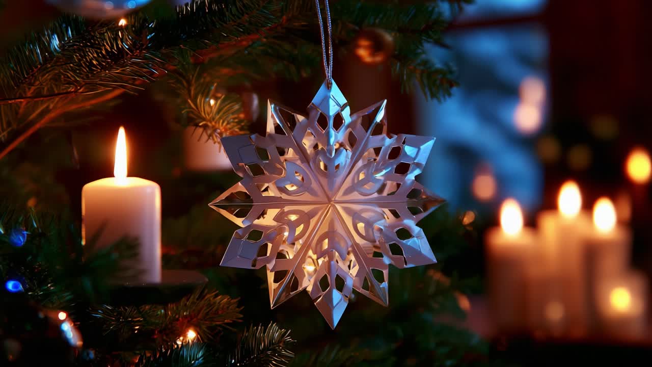 A Beautifully Crafted Snowflake Ornament Hangs from a Christmas Tree Surrounded by Glowing Candlelight, Capturing the Spirit of the Holiday Season with Warmth and Festivity in a Cozy Atmosphere