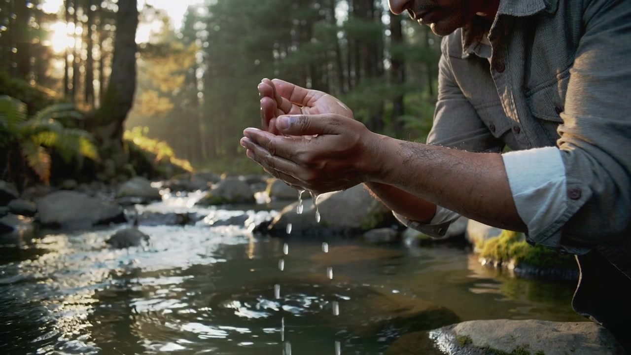 Un homme se penchant au-dessus d'un ruisseau, puisant de l'eau avec ses mains en coupe, portant des manches retroussées, espace pour le texte.