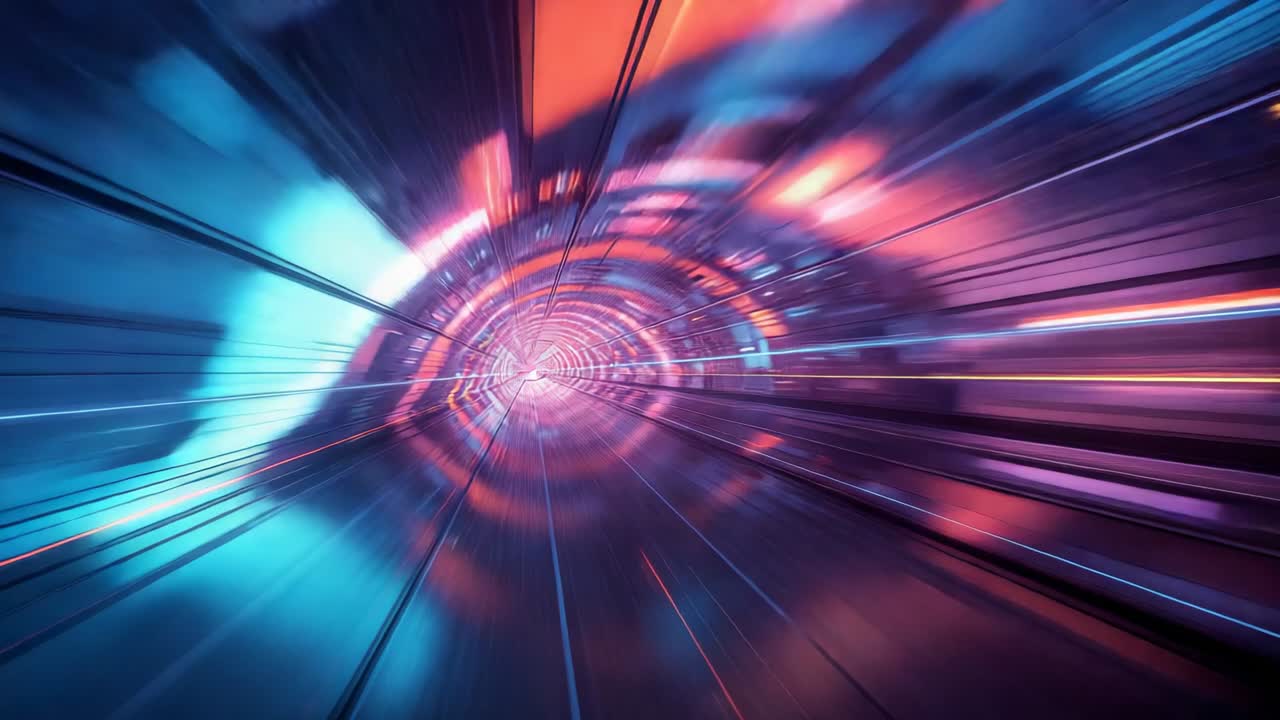 Vista accelerata che si muove attraverso un tunnel al neon verso un bagliore centrale, mostrando anelli, pannelli e scie