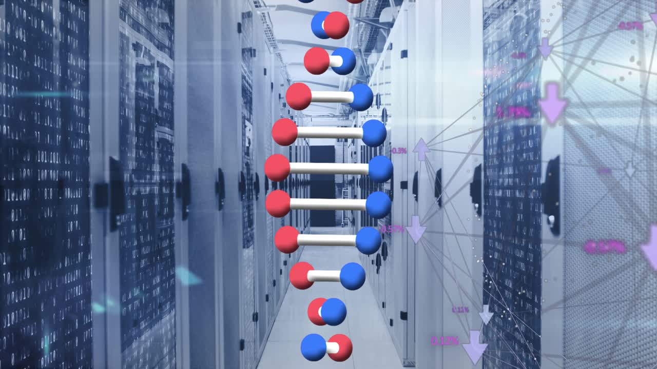 Animation of dna strand spinning and globe with icons over computer servers