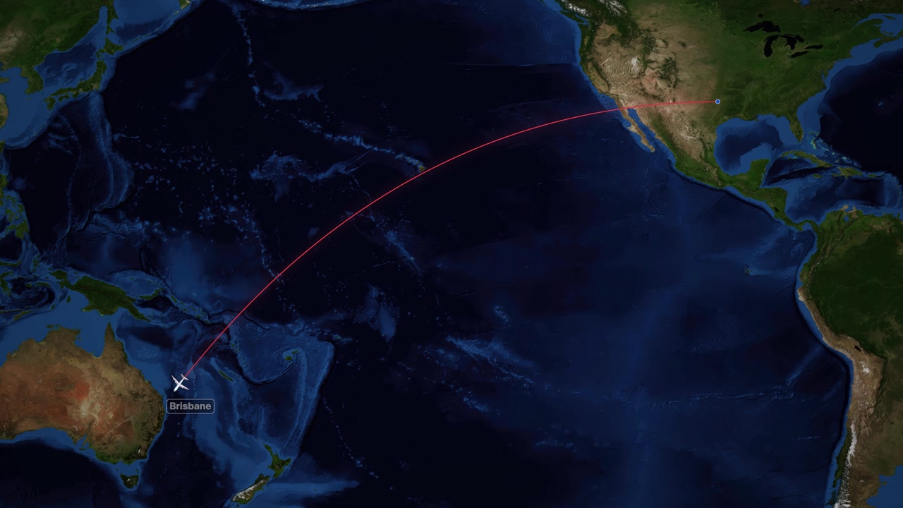 Animated airplane icon follows red arc path from Dallas to Brisbane over Pacific Ocean