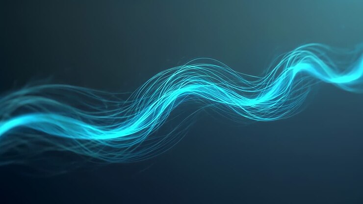 Nastro ciano luminoso fluente che entra da sinistra, ondeggiando su uno sfondo color teal, filamenti a ventaglio