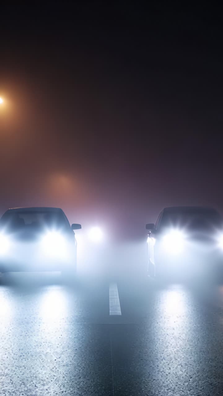 Mysterious Night Encounter: Two Cars Facing Each Other in Thick Fog, Illuminated by Headlights and Surrounding Streetlights on a Dimly Lit Road