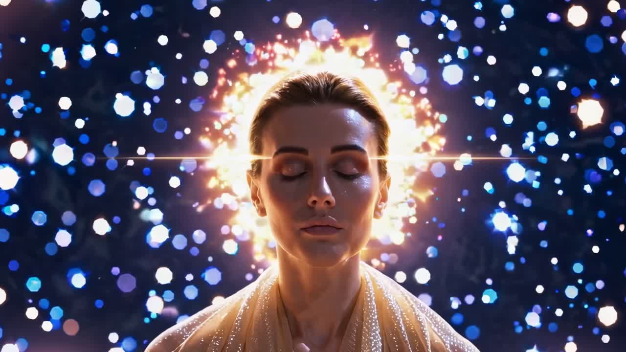 Woman meditating with closed eyes and a glowing halo around her head, surrounded by colorful bokeh lights in a dark background, creating a cosmic and meditative atmosphere