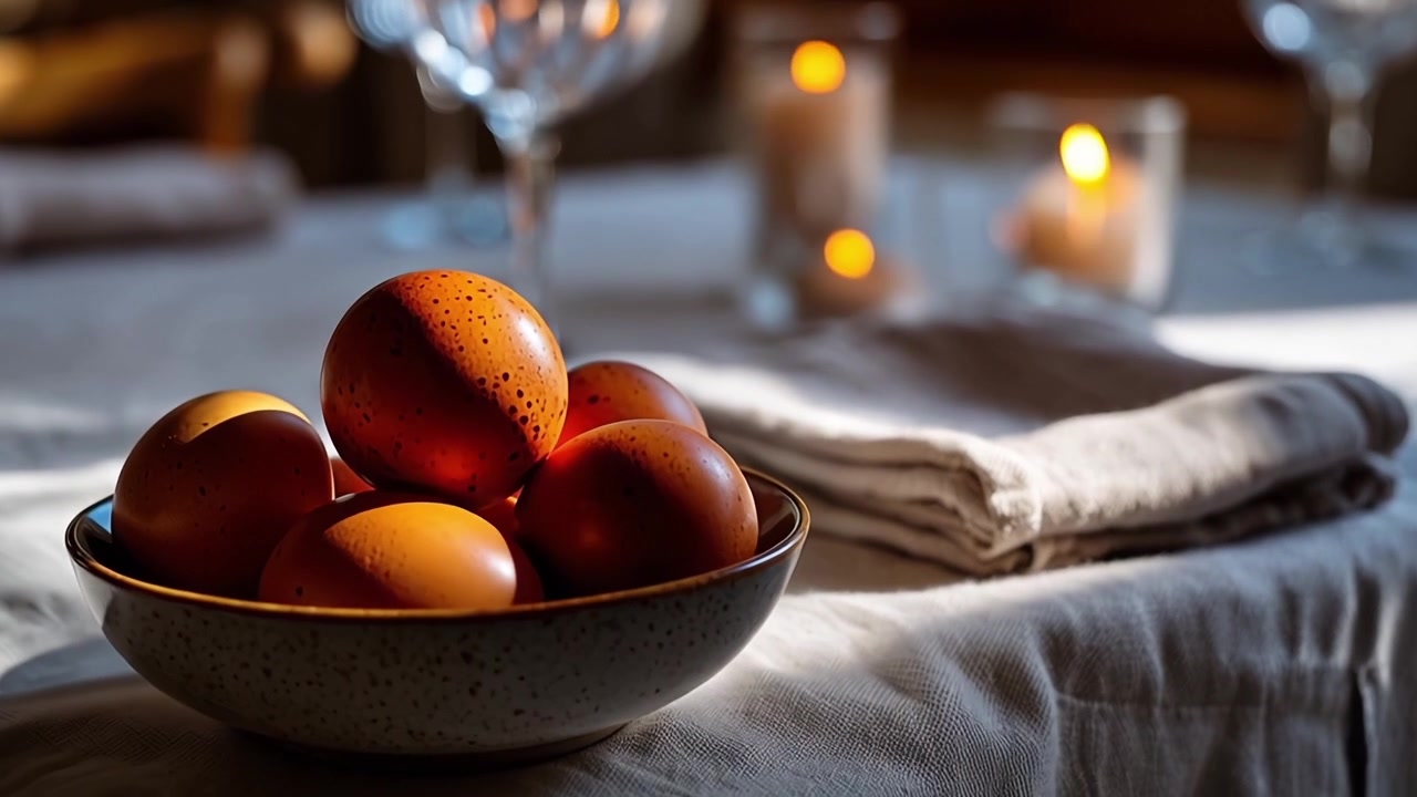 Bowl of Brown Eggs on a Rustic Dining Table with Candles