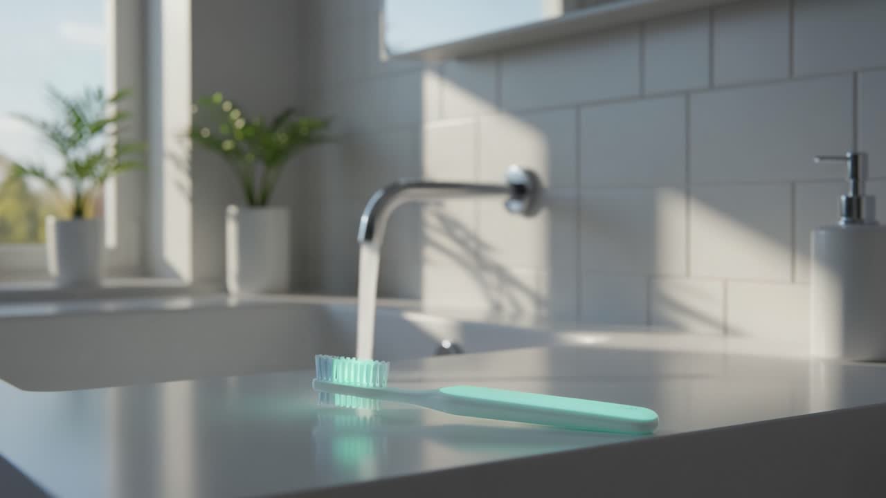 A Serene Bathroom Scene Featuring a Vibrant Toothbrush on the Counter Amidst Soft Natural Light and a Running Faucet, Creating a Refreshing Atmosphere for Daily Hygiene Rituals