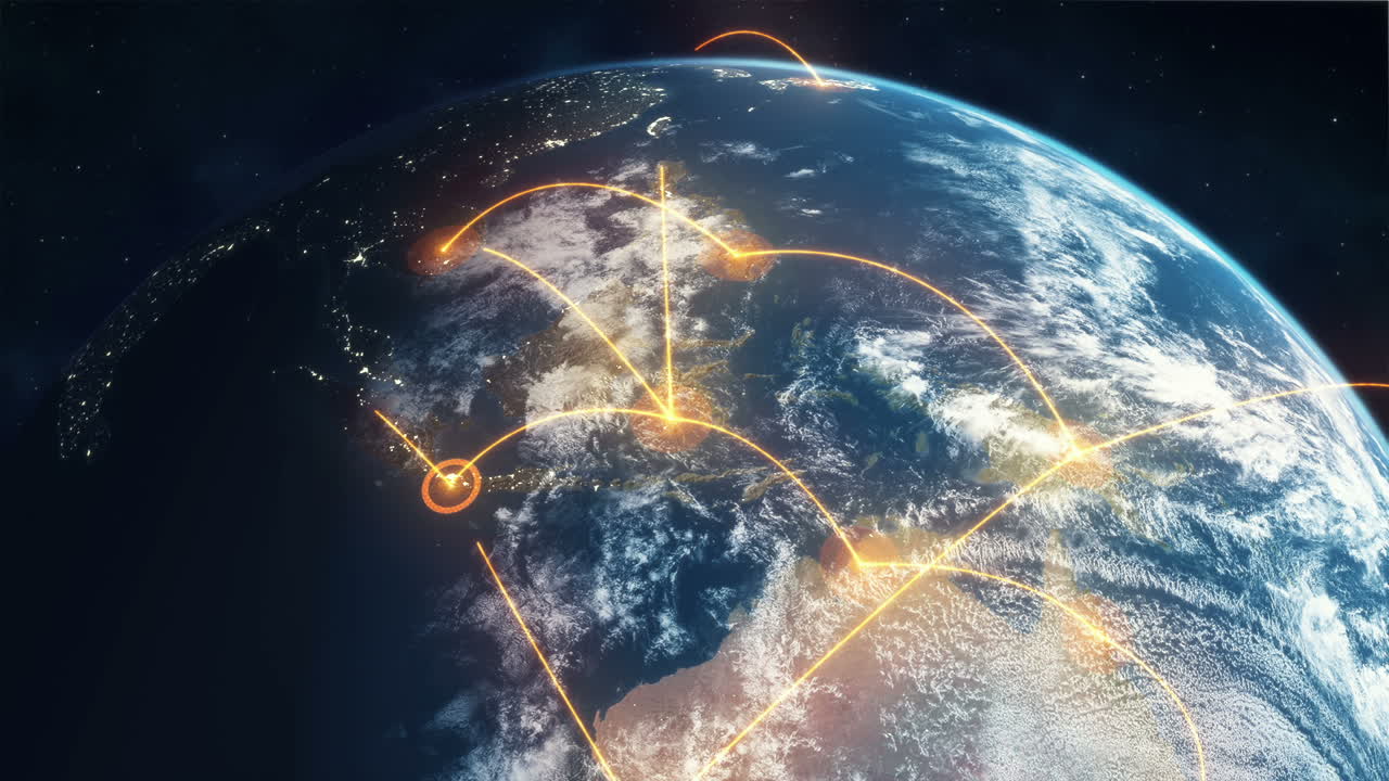 This high quality Full HD clip shows planet Earth from space as lines of travel, communication and commerce cross the globe to create a glowing network.