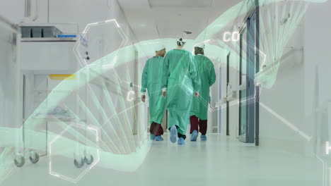 Animation-of-dna-strand-over-diverse-surgeons-in-hospital