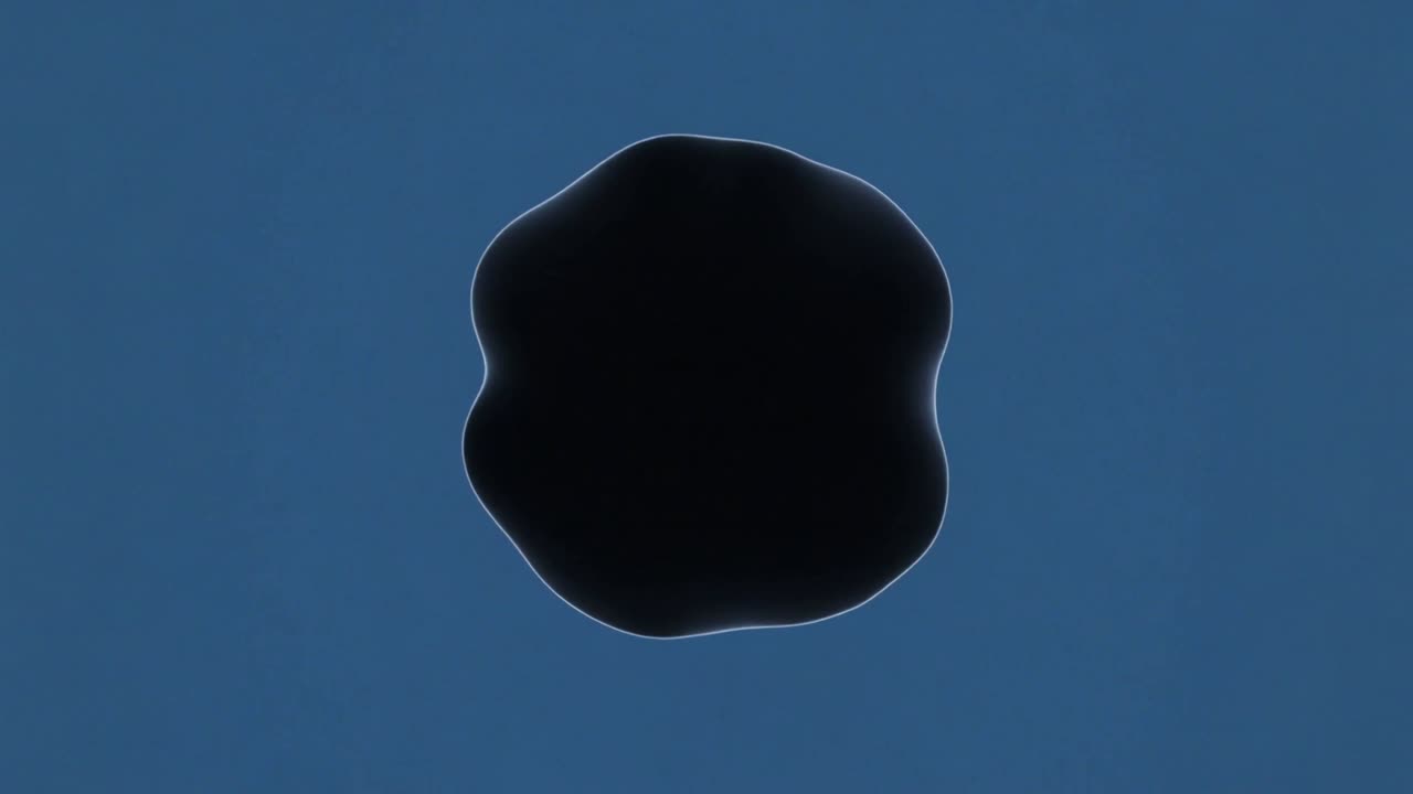 Expanding single dark shape beginning as tiny central dot on medium-blue field, with faint rim