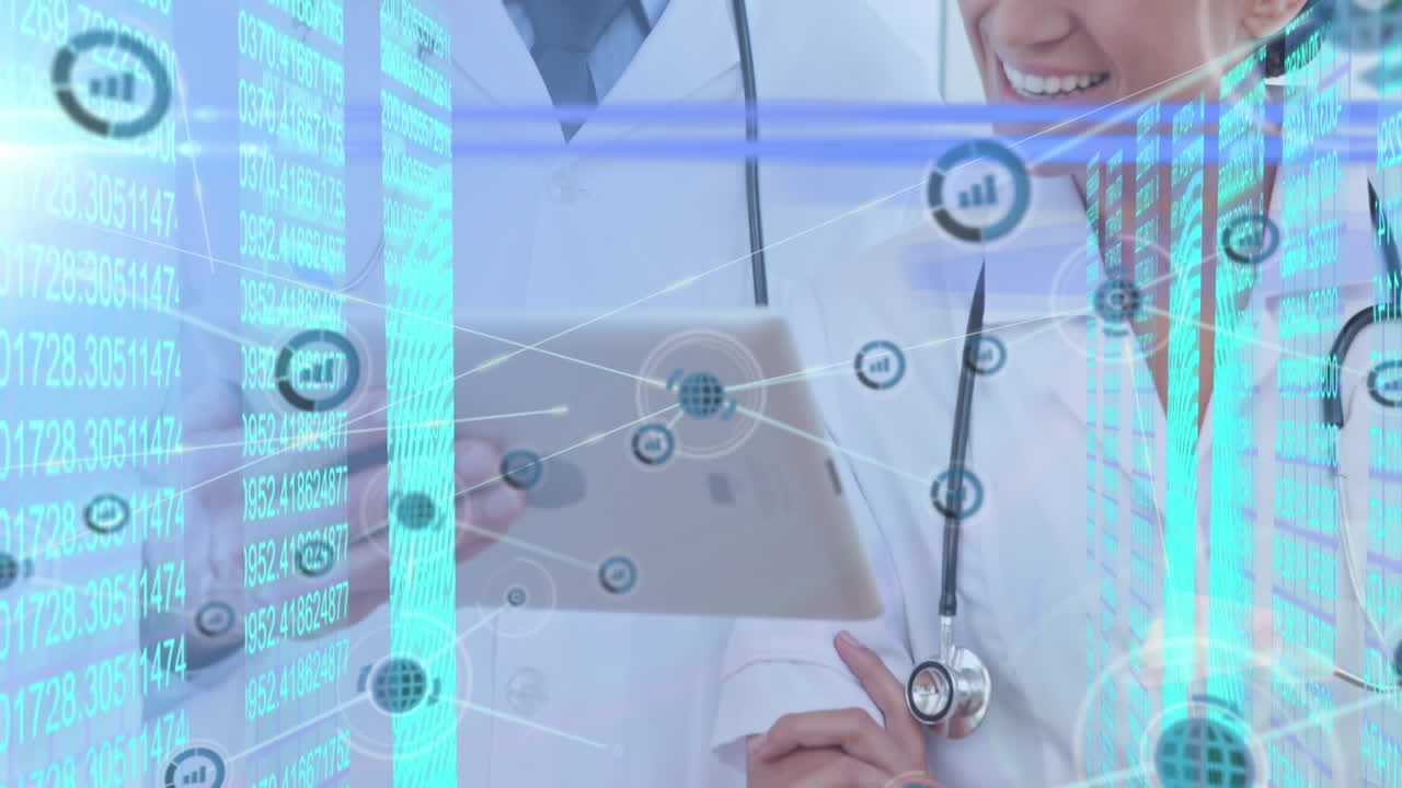 다양한 의사들에 대한 아이콘과 데이터 처리로 연결 네트워크의 애니메이션