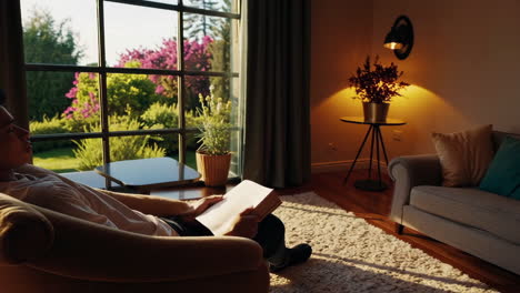 man reading a book in a sunny living room