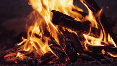 A closeup of a campfire. Beautiful fire burns brightly. Embers of the fire climb up. Slow motion