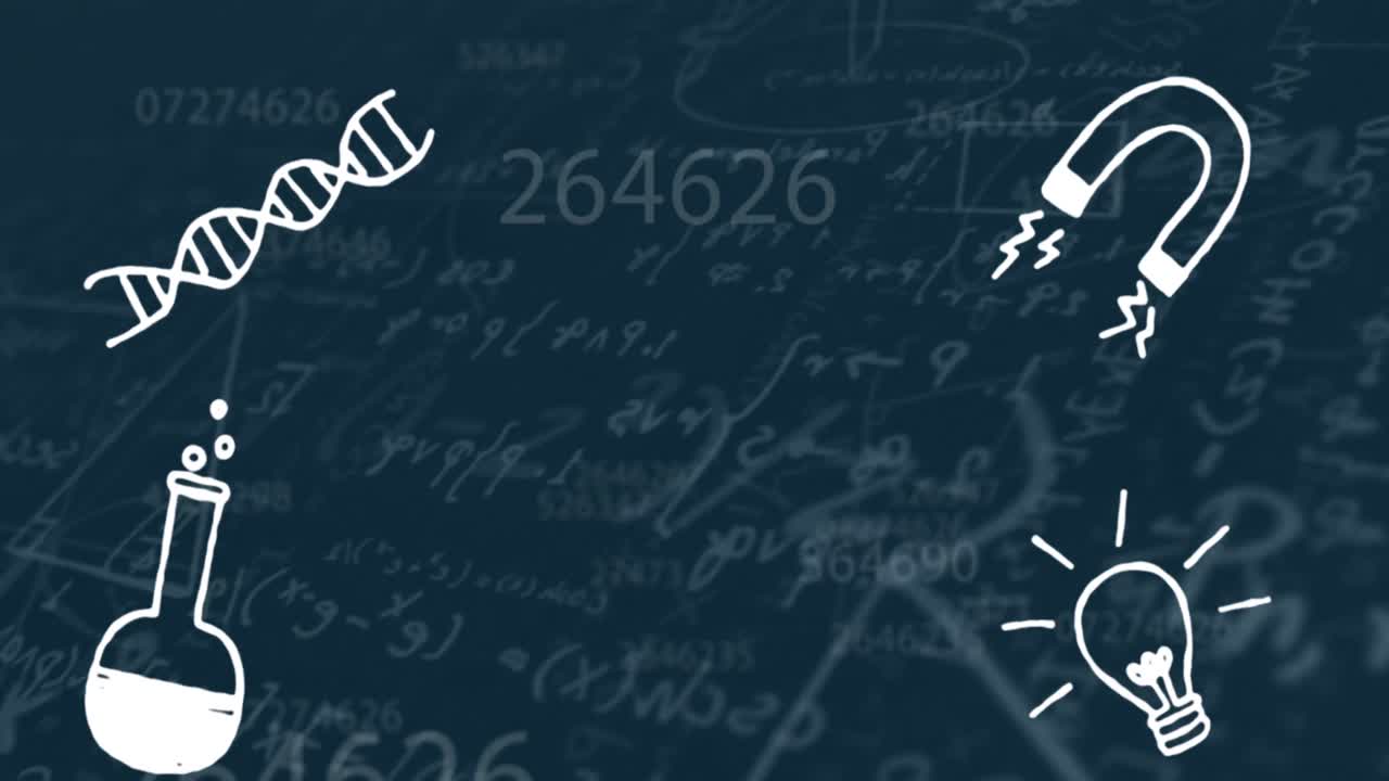 animación digital de iconos de conceptos científicos contra ecuaciones matemáticas en fondo azul