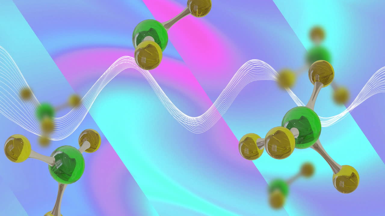 Animation of molecules moving over waving multi coloured background