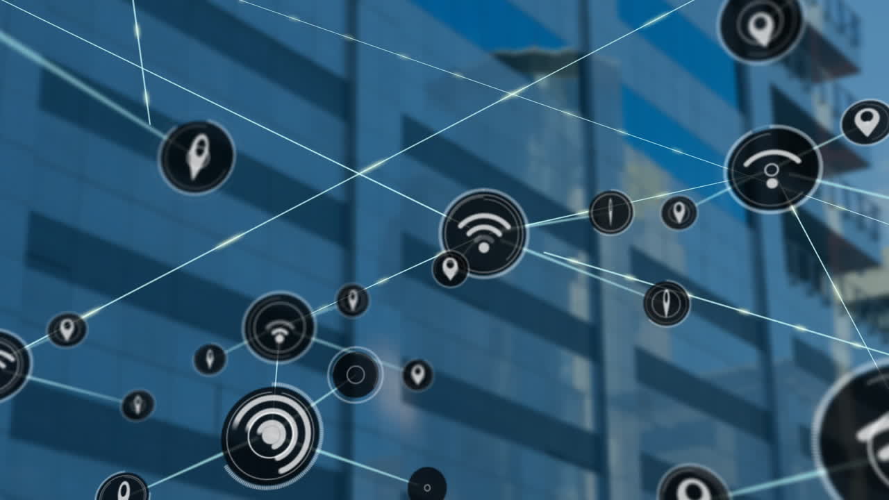 animación de la red de conexiones con iconos sobre el paisaje urbano