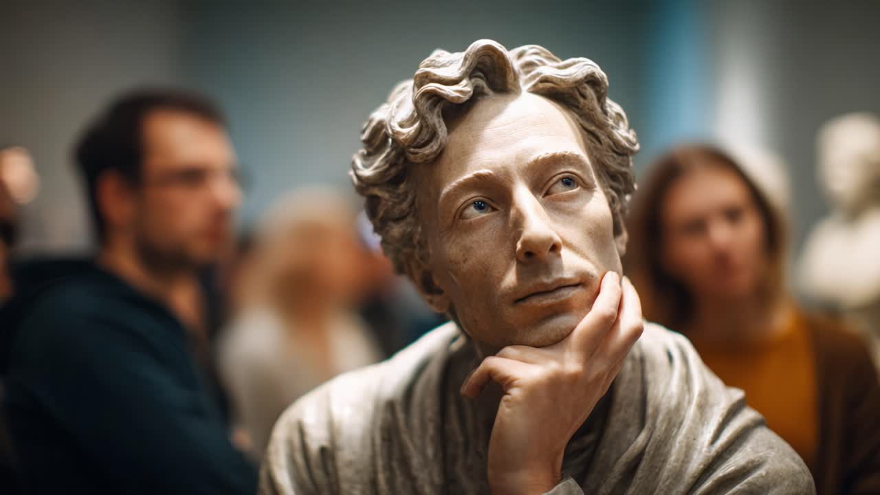 Scultura pensierosa in un contesto museale con un pubblico attento, impegnato nell'apprezzamento dell'arte e nella riflessione su creatività ed espressione durante l'esperienza in galleria.