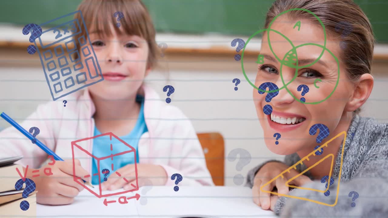 animación de fórmulas matemáticas sobre una escolar y un maestro