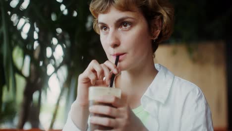 una mujer joven bebiendo café en una cafetería.